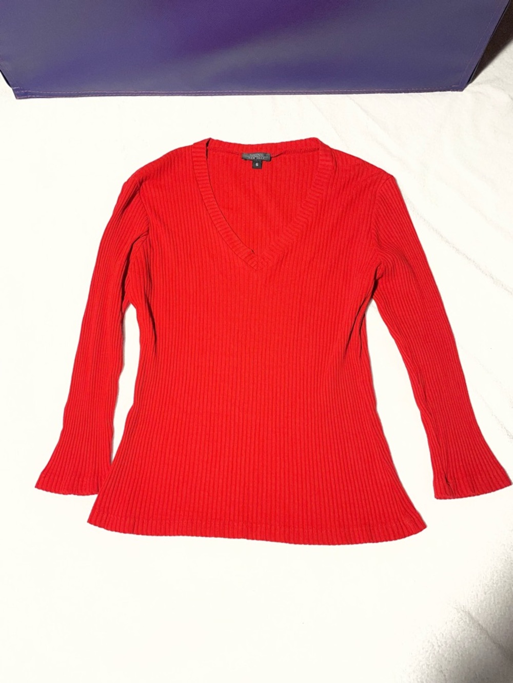 V-Neck Ribbed Long Sleeve Top - Dark Orange
